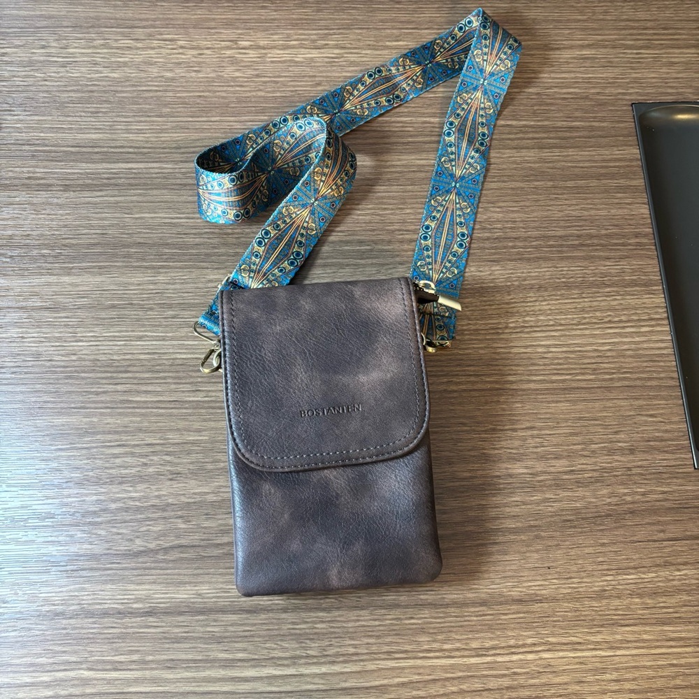 Brown Leather Messenger Bag with Blue and Gold Strap
